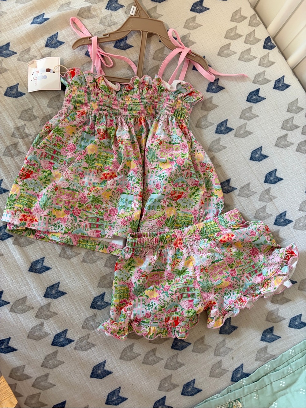 Girls Pink Floral Smocked Tank and Ruffle Shorts Set